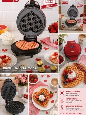 DASH Express Heart Waffle Maker 8” Red Nonstick Valentine Breakfast Open Box